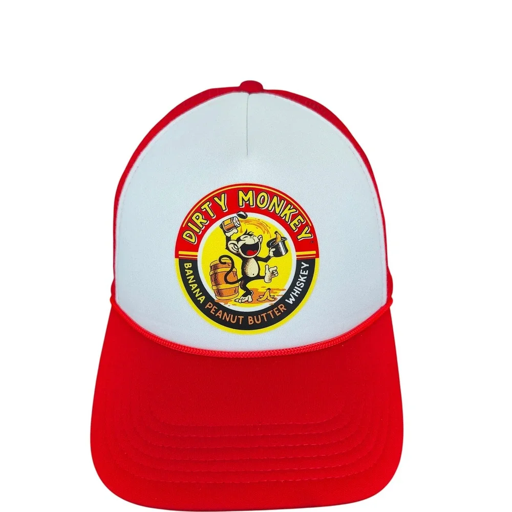 Dirty Monkey Banana Peanut Butter Whiskey Red White Mesh Snapback Trucker Hat